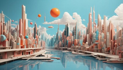Obraz premium A surreal cityscape of a minimalist metropolis made entirely of geometric shapes with buildings that defy gravity. Copy space.