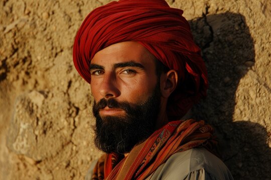 Bearded man with a red turban and scarf is posing against a stone wall in the desert
