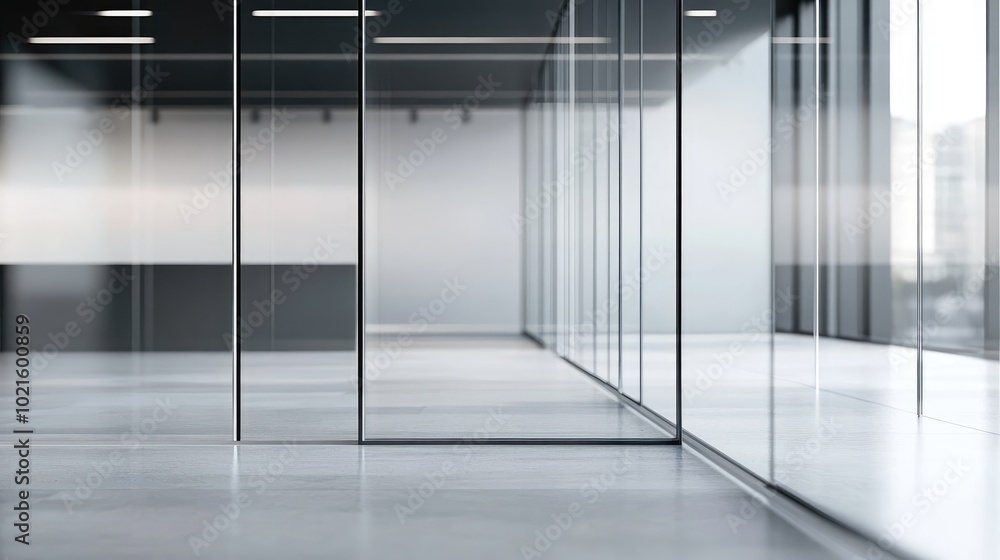 Poster a close-up of glass partitions in a minimalist office space, casting reflections and shadows from th