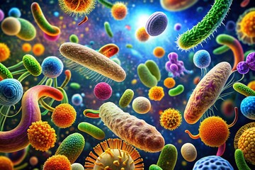 Naklejka premium Various Shapes of Bacteria: Cocci, Bacilli, Spirilla, and Vibrio Under the Microscope