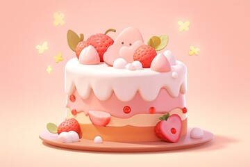 3D Rendered Strawberry Cake with Pink Frosting and Decorations