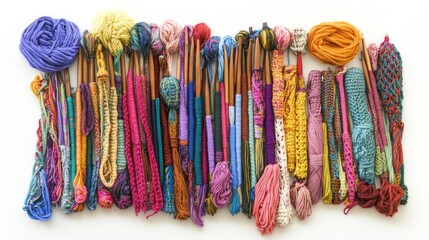 A collection of colorful yarn and crochet hooks, shown against a white background.