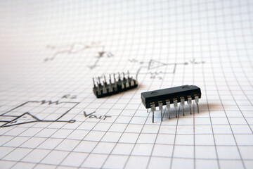 Integrated circuit on the drawing of logic gates. CMOS semiconductor components. 