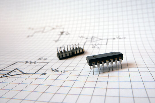 Integrated circuit on the drawing of logic gates. CMOS semiconductor components. 
