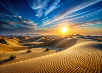 Vast and Serene Landscape of the Iraq Desert with Sand Dunes and Clear Blue Sky at Sunset