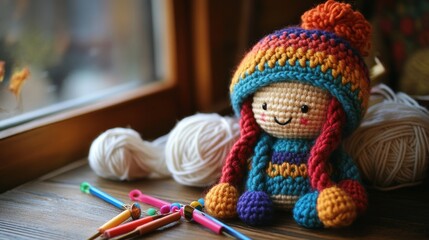 A crocheted figure sits beside white yarn on a wooden table. Nearby are stitch markers and colorful crochet hooks. The project is a fluffy, braided hat, a creative handmade craft.