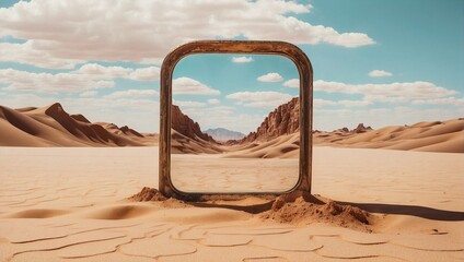 Surreal landscape with mirror in a desert. Modern surrealism and contemporary art concept. Wasteland and loneliness  idea. Copy space.