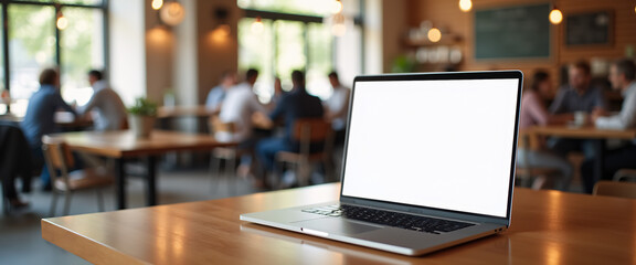 Laptop on Wooden Table in Cafe, Modern Business Mockup, Website Banner
