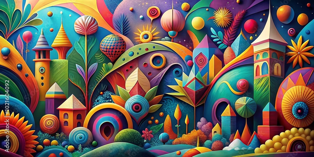 Poster vibrant abstract composition with colorful shapes and patterns creating a dynamic visual experience