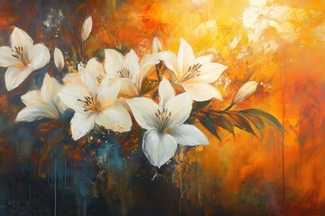 A painting of a bunch of white flowers with a yellow background, generative ai image