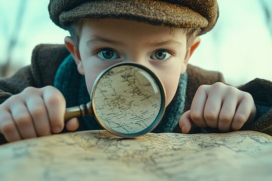 Boy with magnifying glass looking at map.