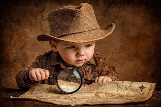Little Explorer Studying Old Map with Magnifying Glass.
