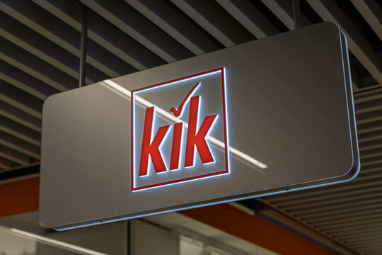 KIK shop, Sign of the textile discounter Kik at the entrance of a store, Maarssen Utrecht. The Netherlands. 11 February 2023