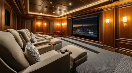 Fototapeta premium A sophisticated mid-century home theater with plush reclining seats