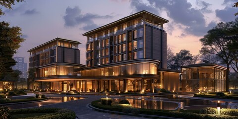 Obraz premium Modern Hotel Architecture Exterior Design at Dusk