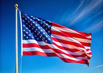 Obraz premium Vibrant American Flag Waving in the Breeze Against a Clear Blue Sky Symbolizing Freedom and Unity