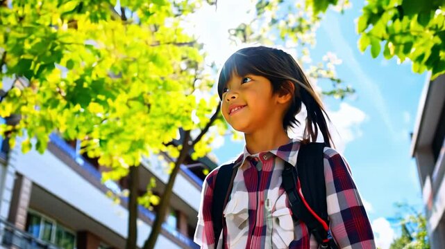 Japanese schoolgirl in uniform and schoolchildren go to school
