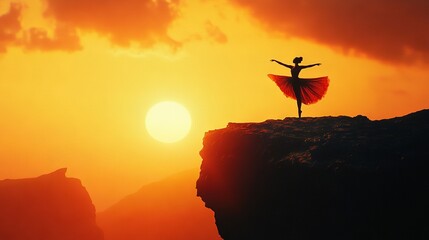   A woman in a red dress stands atop a cliff, arms extended towards the glowing sun