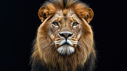 Fototapeta premium Close-up of a lion's face with a black background and long mane, large blue eyes