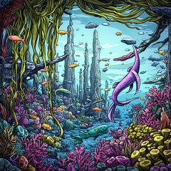 Vibrant Whimsical Coral Reef Scene with Colorful Fish
