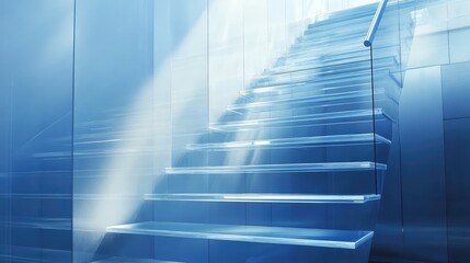 Obraz premium A modern glass staircase with clear panels, reflecting ambient light and creating an open, airy architectural feature