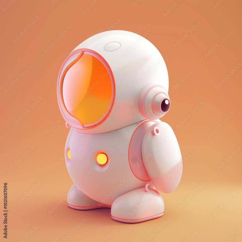 Poster white robot with orange visor and glowing lights on an orange background