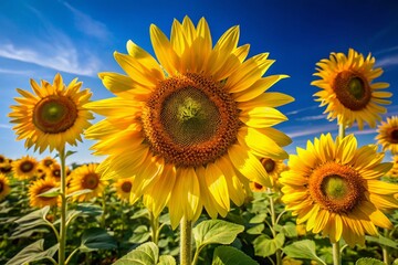 Obraz premium Vibrant Animated Sunflowers Dancing in the Breeze Against a Clear Blue Sky Background
