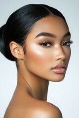 Naklejka premium A stunning portrait showcasing a beautiful young woman with flawless skin and shimmering highlights. The image captures elegance and beauty in a modern style.
