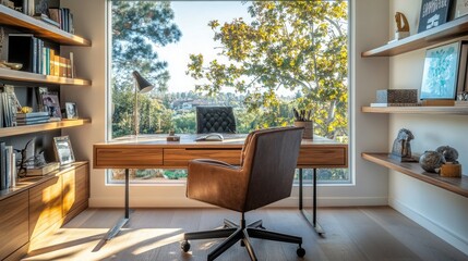 Fototapeta premium A sophisticated mid-century home office with a sleek wooden desk