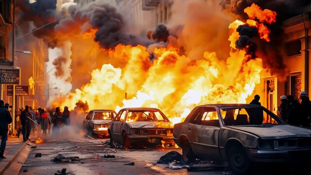 Pogroms and riots in night city. Broken cars on fire