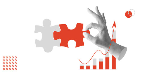 Business solution, collaboration, analytics concept. Hand placing red puzzle piece into larger puzzle against graph of ascending chart. Minimalist art collage