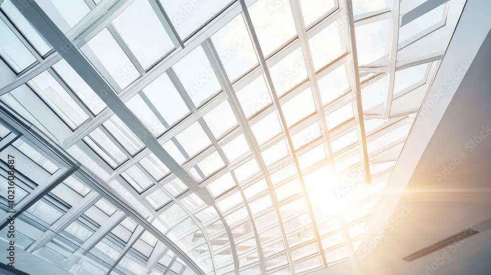 Poster an architectural detail of a glass ceiling in a modern gallery space, with soft light filtering thro