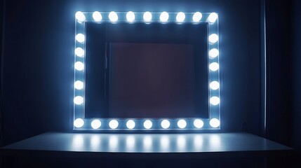 Fototapeta premium A makeup mirror with bright white lights. It's a rectangle with a silver frame, perfect for displaying a poster or ad.