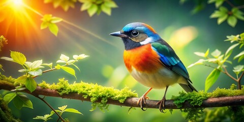 Vibrant Bird Perched on a Branch Surrounded by Lush Green Foliage in a Sunny Natural Setting