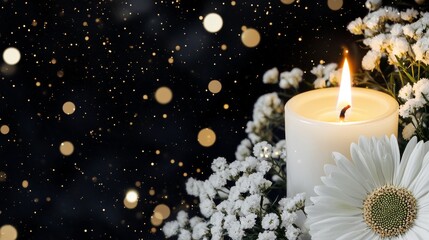 A memorial service announcement featuring a burning candle and white flowers. It includes space for an obituary, a list of those who have passed, and details about the funeral.