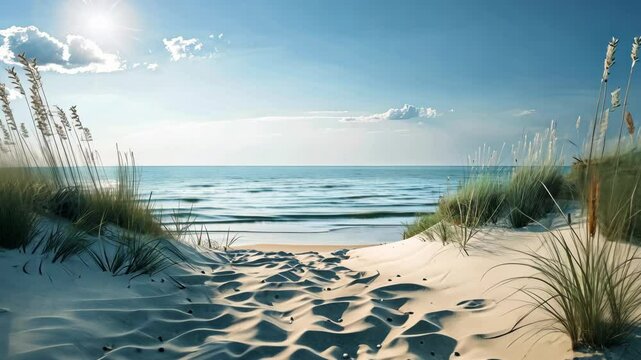 A path leads through the sand dunes to a beautiful beach on a sunny afternoon