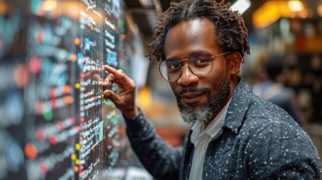 A developer explaining JavaScript code to a colleague using a whiteboard