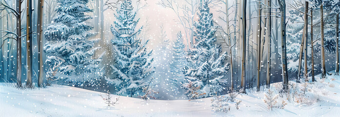 Watercolor Illustration of a Winter Forest in Snowfall with Evergreen Trees. Concept of winter landscapes, nature beauty, serene ambiance.. Wide banner