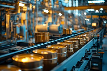 Gold Cans Moving Along A Conveyor Belt In A Factory