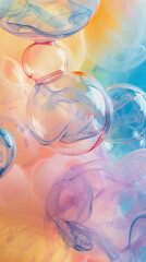 Watercolor illustration of soft pastel soap bubbles in a dreamy and colorful background. Concept of whimsy, childhood, lightness, and fantasy. Vertical