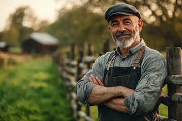Portrait of a Smiling Farmer Leaning Against a Wooden Fence