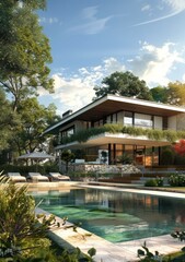 Fototapeta premium Modern Villa with Lush Landscaping and Pool