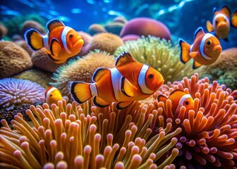 Vibrant Clownfish in Coral Reef Habitat: Stunning Underwater Photography of Exotic Marine Life and Colorful Sea