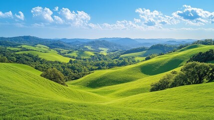 Obraz premium A panoramic view of rolling green hills under a blue sky with white clouds.