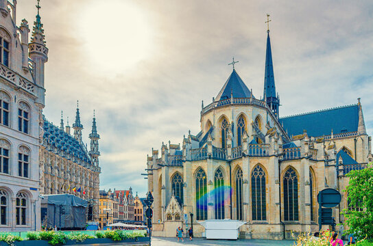 Saint Peter's Roman Catholic Church Sint-Pieterskerk and Town Hall Brabantine Gothic style building on Grote Markt Big Market square in Leuven city historical center, Flemish Region, Belgium