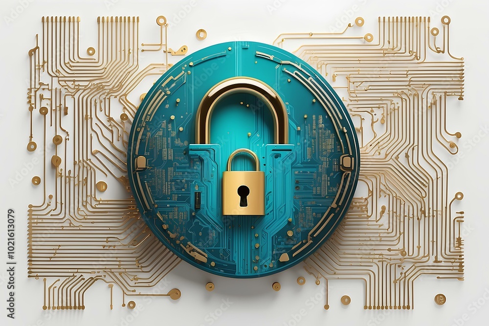 Poster digital blue security lock design with technical details, representing cybersecurity and data protec