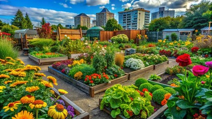 Obraz premium Vibrant Community Garden with Lush Vegetables, Colorful Flowers, and Sustainable Practices for Urban Green Spaces