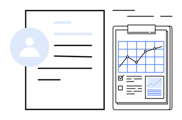 Two documents are placed side by side, one with a user icon and text, and the other with a line graph and checklists. Ideal for business, data analysis, reports, user profiles, and organizational