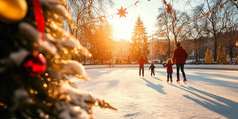 Family ice skating on a festive outdoor rink decorated with Christmas lights and ornaments, enjoying a sunny winter day with a large Christmas tree in the background