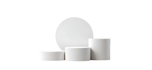 A minimalist 3D illustration of three white cylindrical podiums of varying heights, isolated on a transparent background. Ideal for product displays, presentations, and showcasing designs.
